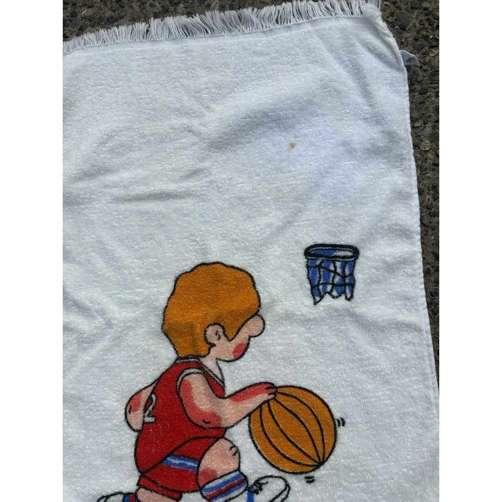 Vintage Hand Towel Set Of 2  Baseball Basketball Cartoon Kids Bath Cotton